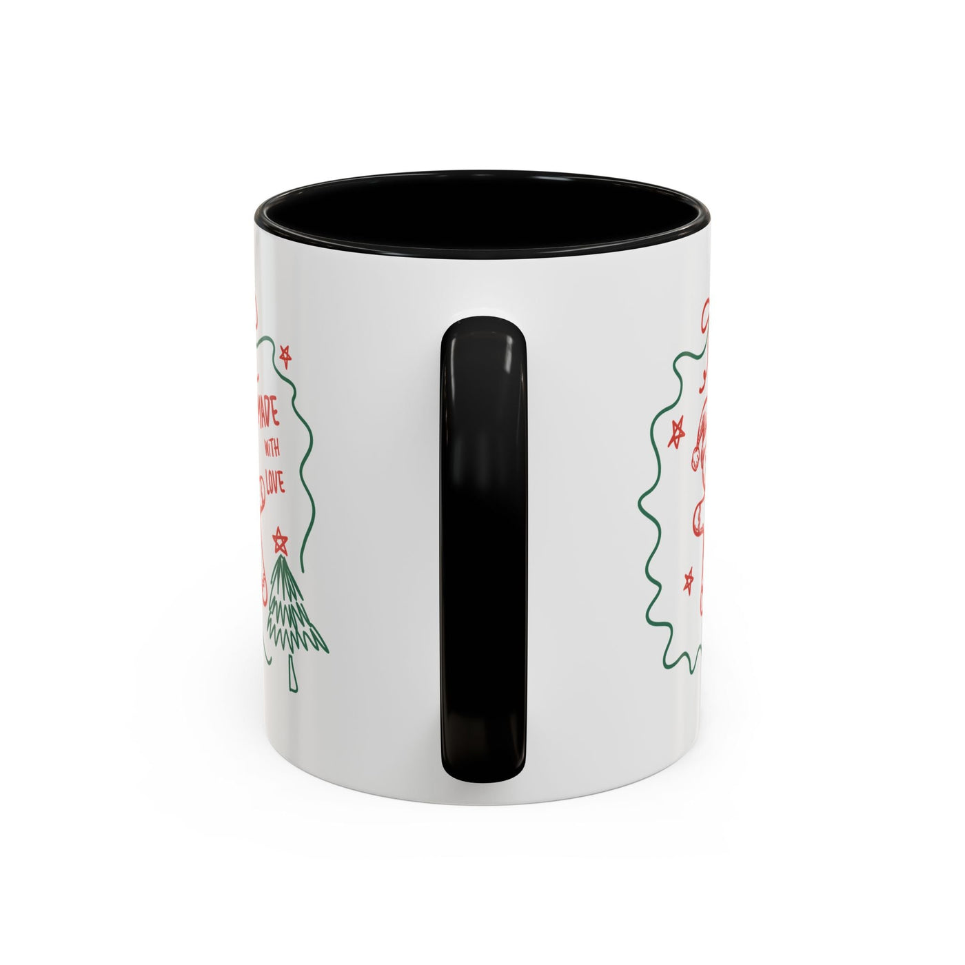 White ceramic festive Christmas coffee mug with black handle and interior, holiday design, available in 11oz and 15oz sizes