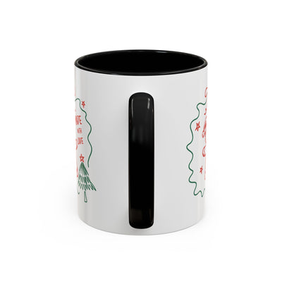 White ceramic festive Christmas coffee mug with black handle and interior, holiday design, available in 11oz and 15oz sizes