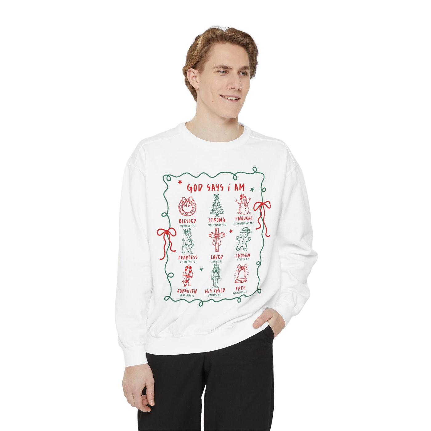 Man wearing white "God Says I Am" inspirational crewneck sweatshirt with Christmas-themed embroidered Bible verse design