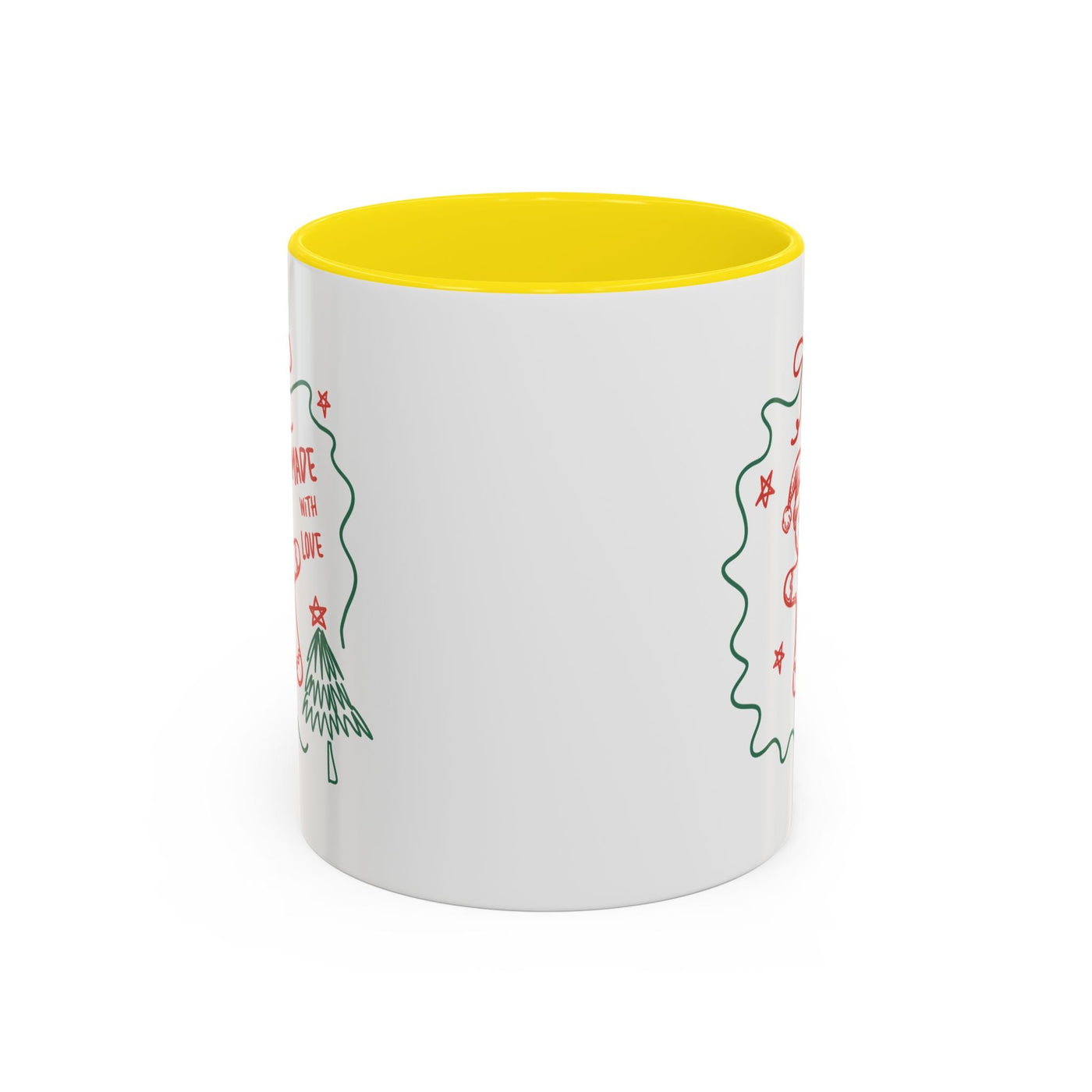 Minimalist festive Christmas coffee mug with yellow interior, white ceramic, holiday design, available in 11oz and 15oz sizes