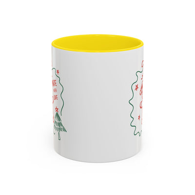 Minimalist festive Christmas coffee mug with yellow interior, white ceramic, holiday design, available in 11oz and 15oz sizes