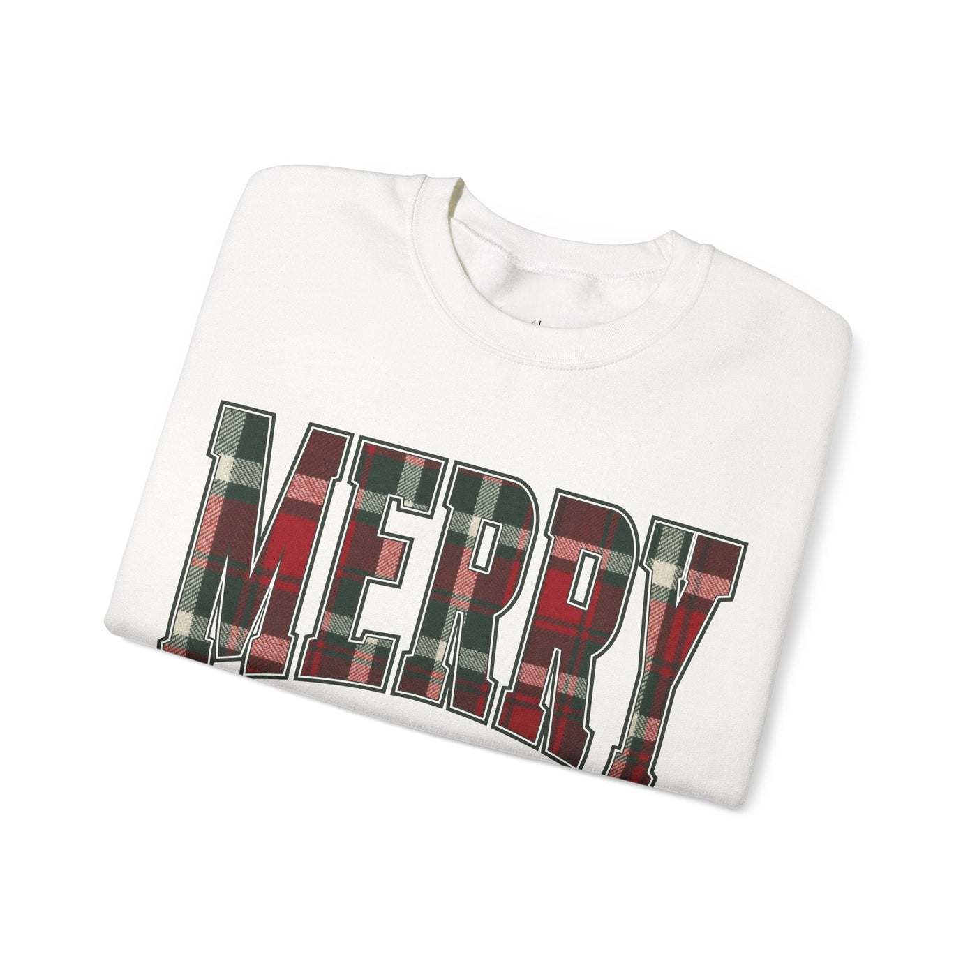 Folded white crewneck sweatshirt with "MERRY" in red and green plaid Christmas graphic design