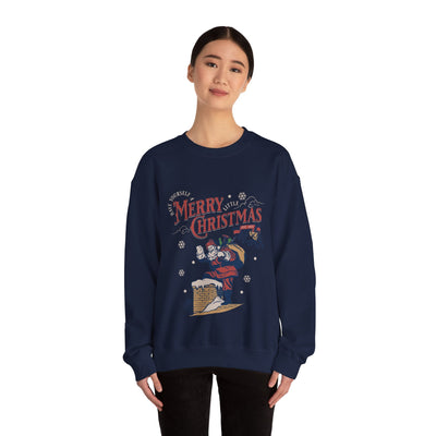 Vintage Santa Crewneck sweatshirt with Santa climbing into chimney carrying gift bag and Merry Christmas text on navy blue holiday sweatshirt