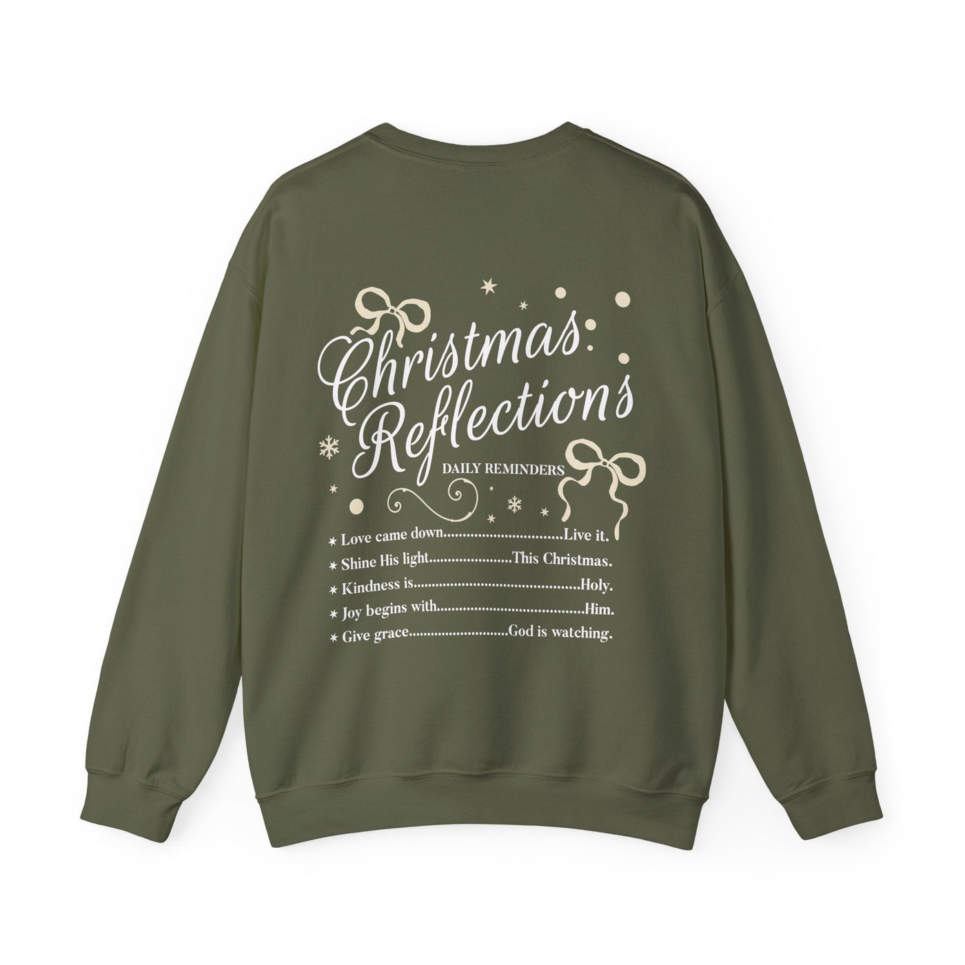 Unisex olive green crewneck sweatshirt with Christmas Reflections faith-based design and coquette bow accents on the back