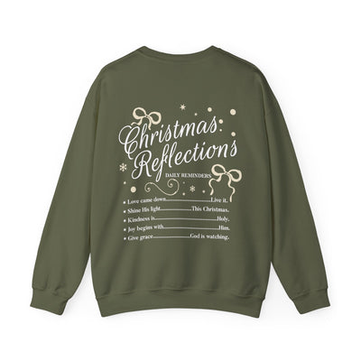 Unisex olive green crewneck sweatshirt with Christmas Reflections faith-based design and coquette bow accents on the back