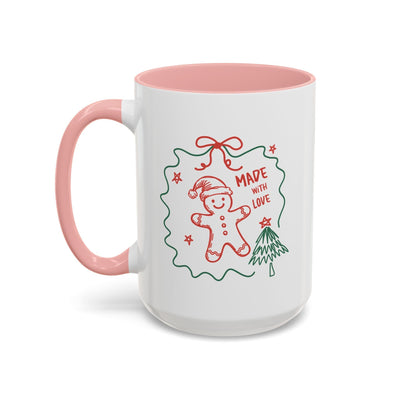 festive Christmas coffee mug with gingerbread man and pink handle ceramic cup