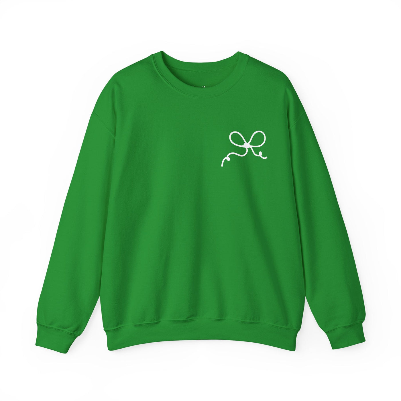 Green coquette bow crewneck sweatshirt with white bow design, festive holiday wear