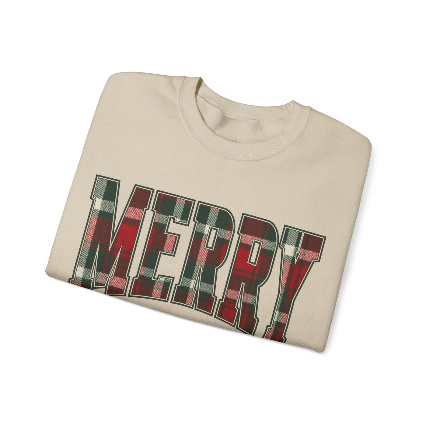 Folded cream crewneck sweatshirt with "MERRY" in red and green plaid letters Christmas graphic