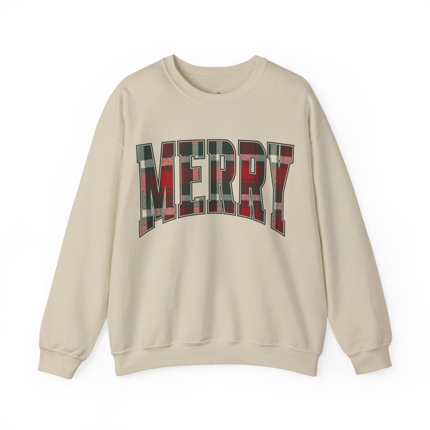 Cream crewneck sweatshirt with red and green plaid "MERRY" Christmas graphic, unisex holiday sweater