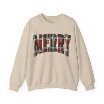 Cream crewneck sweatshirt with red and green plaid "MERRY" Christmas graphic, unisex holiday sweater