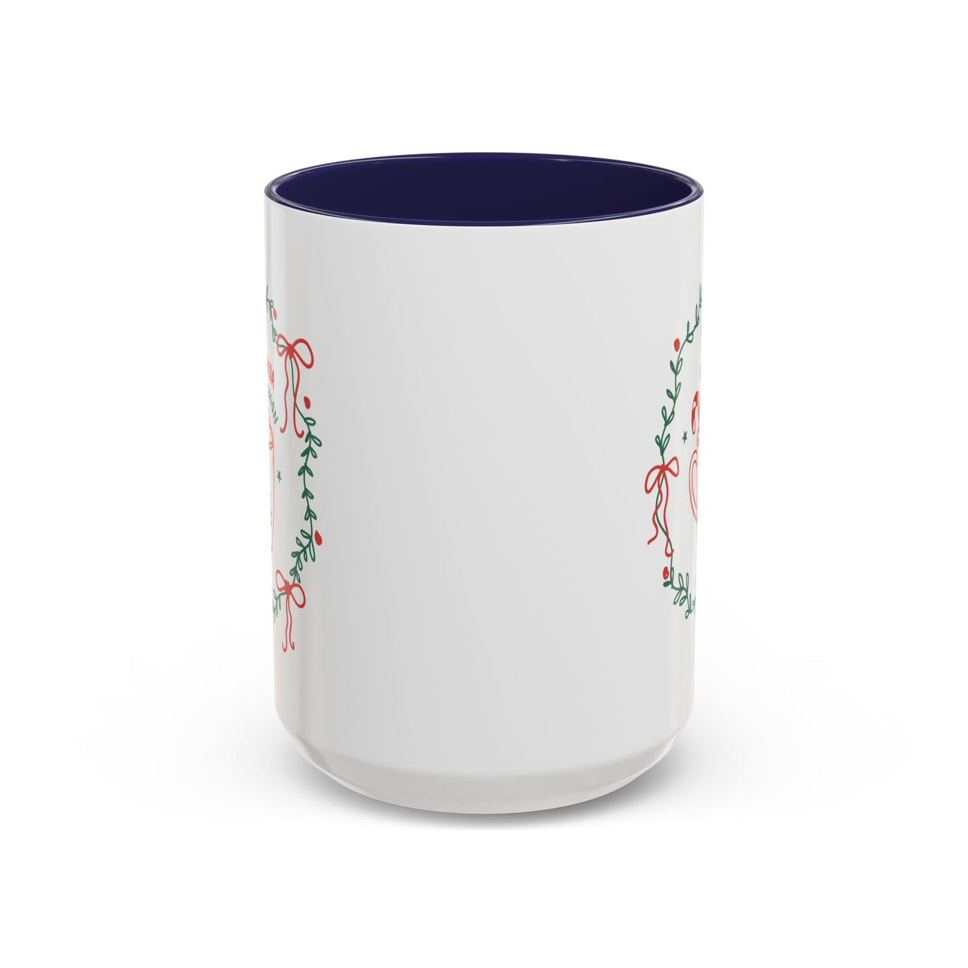 White ceramic mug with festive greenery design and dark blue interior in 11oz and 15oz sizes