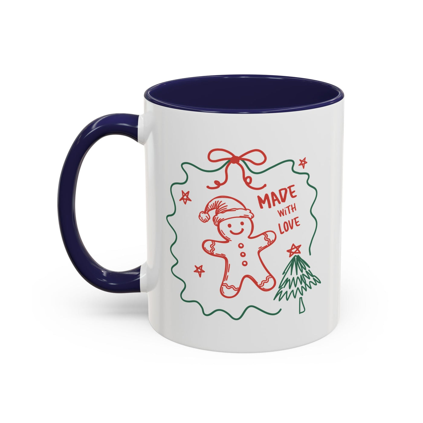 White ceramic festive Christmas coffee mug with blue handle and interior, decorated with red and green gingerbread man and "Made with Love" design