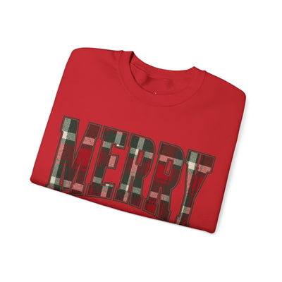 Red crewneck sweatshirt with "MERRY" plaid Christmas graphic, cozy holiday design