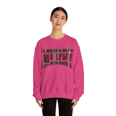 MERRY Christmas plaid graphic crewneck sweatshirt in red and green on pink unisex heavy blend fabric