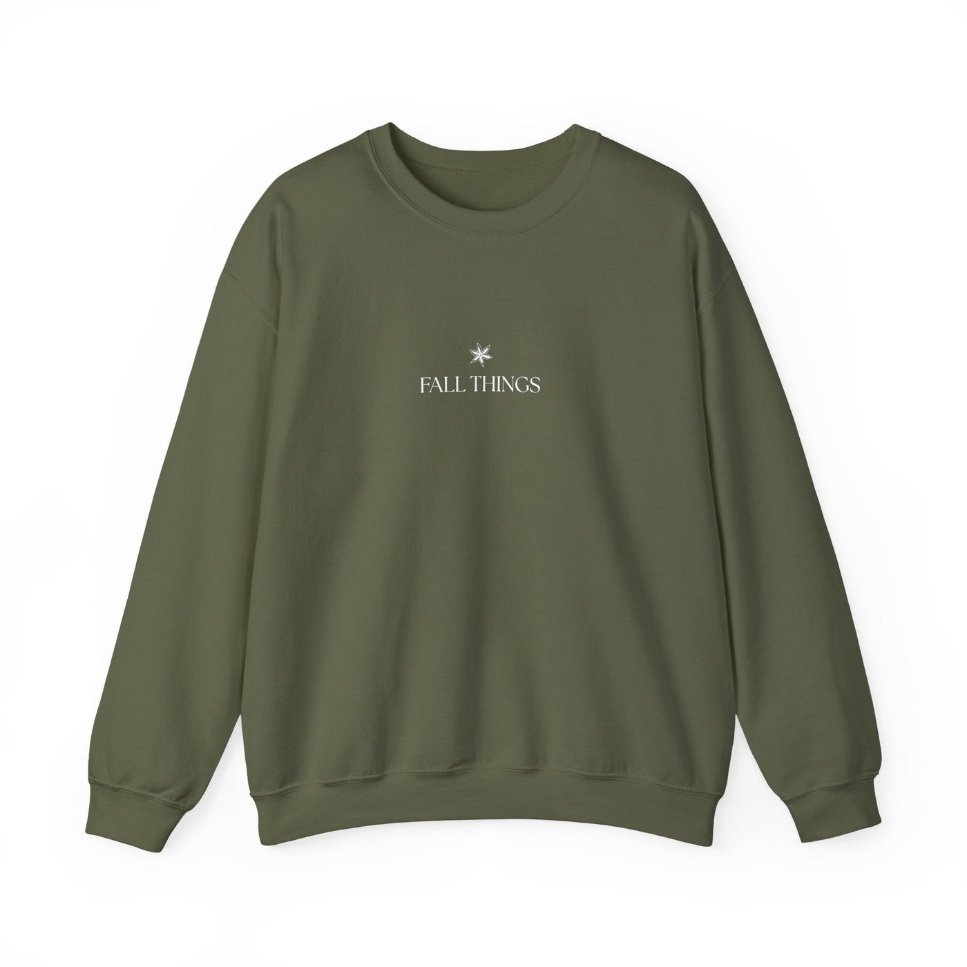 Minimalist olive green Fall Things Sweatshirt with crewneck for cozy autumn wear