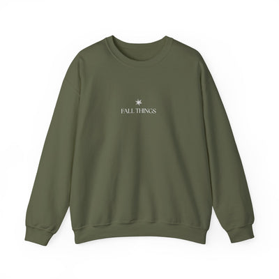Minimalist olive green Fall Things Sweatshirt with crewneck for cozy autumn wear