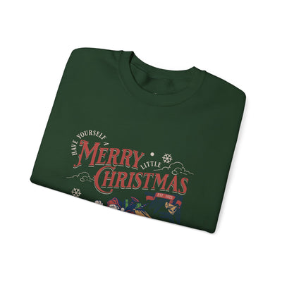Green Vintage Santa Crewneck sweatshirt with Merry Christmas holiday design and Santa carrying gift bag into chimney