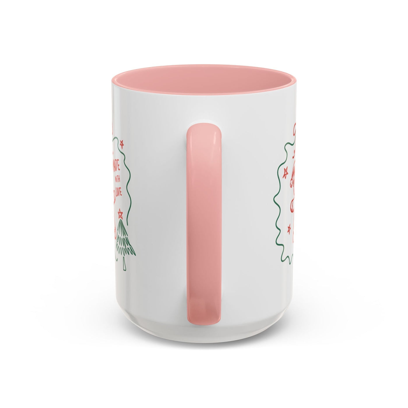 Minimalist festive Christmas coffee mug with pink handle and interior, ceramic holiday cup in 11oz and 15oz sizes