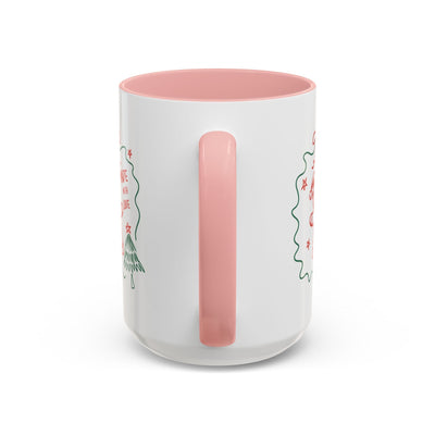 Minimalist festive Christmas coffee mug with pink handle and interior, ceramic holiday cup in 11oz and 15oz sizes