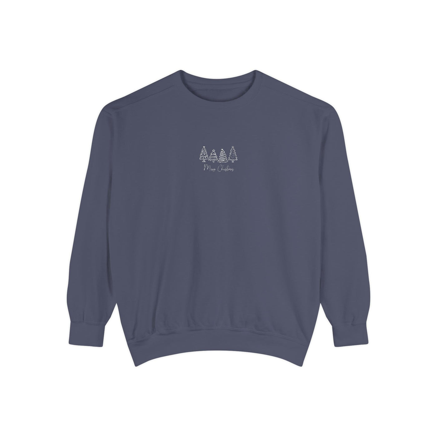 Cozy unisex navy sweatshirt with minimalist tree embroidery and ribbed cuffs