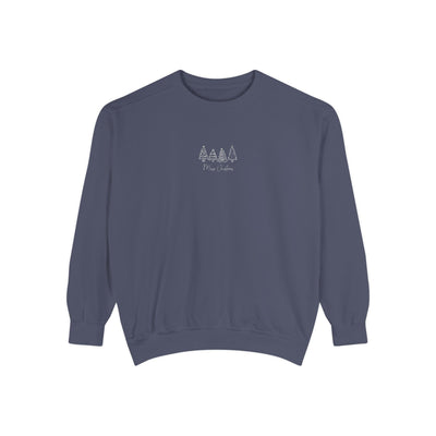 Cozy unisex navy sweatshirt with minimalist tree embroidery and ribbed cuffs