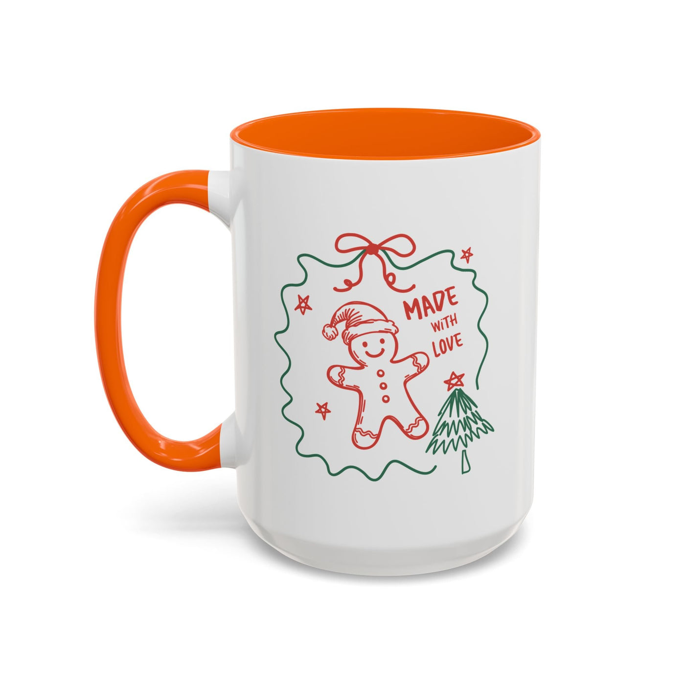 white ceramic festive Christmas coffee mug with orange handle and interior featuring gingerbread man and holiday design