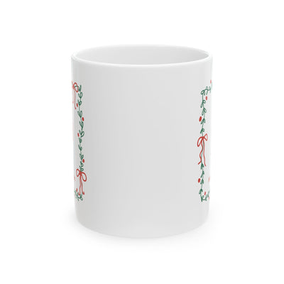White ceramic mug with green border and candy cane design season of sweets, available in 11oz and 15oz sizes