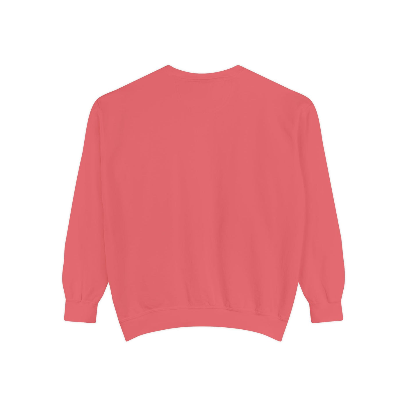 Cozy unisex garment-dyed sweatshirt with minimalist embroidery in soft coral color, ribbed collar and cuffs, relaxed fit for casual comfort