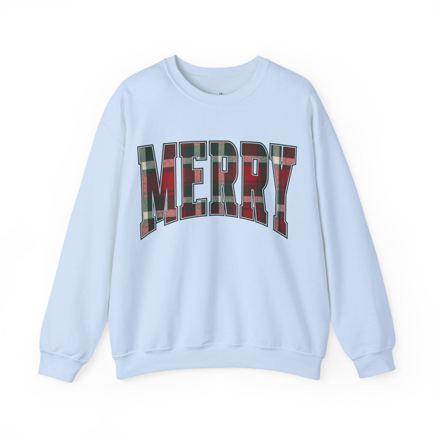 MERRY Christmas crewneck sweatshirt with red and green plaid graphic on light blue fabric, unisex holiday sweater