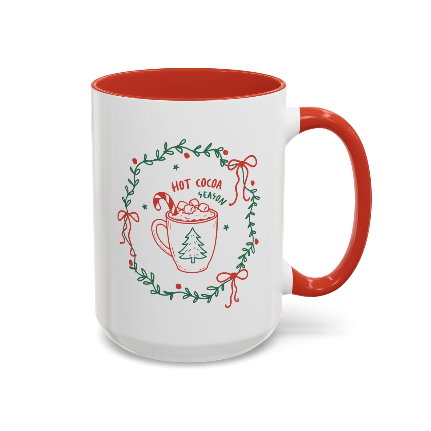 White ceramic mug with red interior and "Hot Cocoa Season" holiday design
