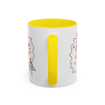 Minimalist festive Christmas coffee mug with yellow handle and interior, white ceramic, holiday design, available in 11oz and 15oz sizes.