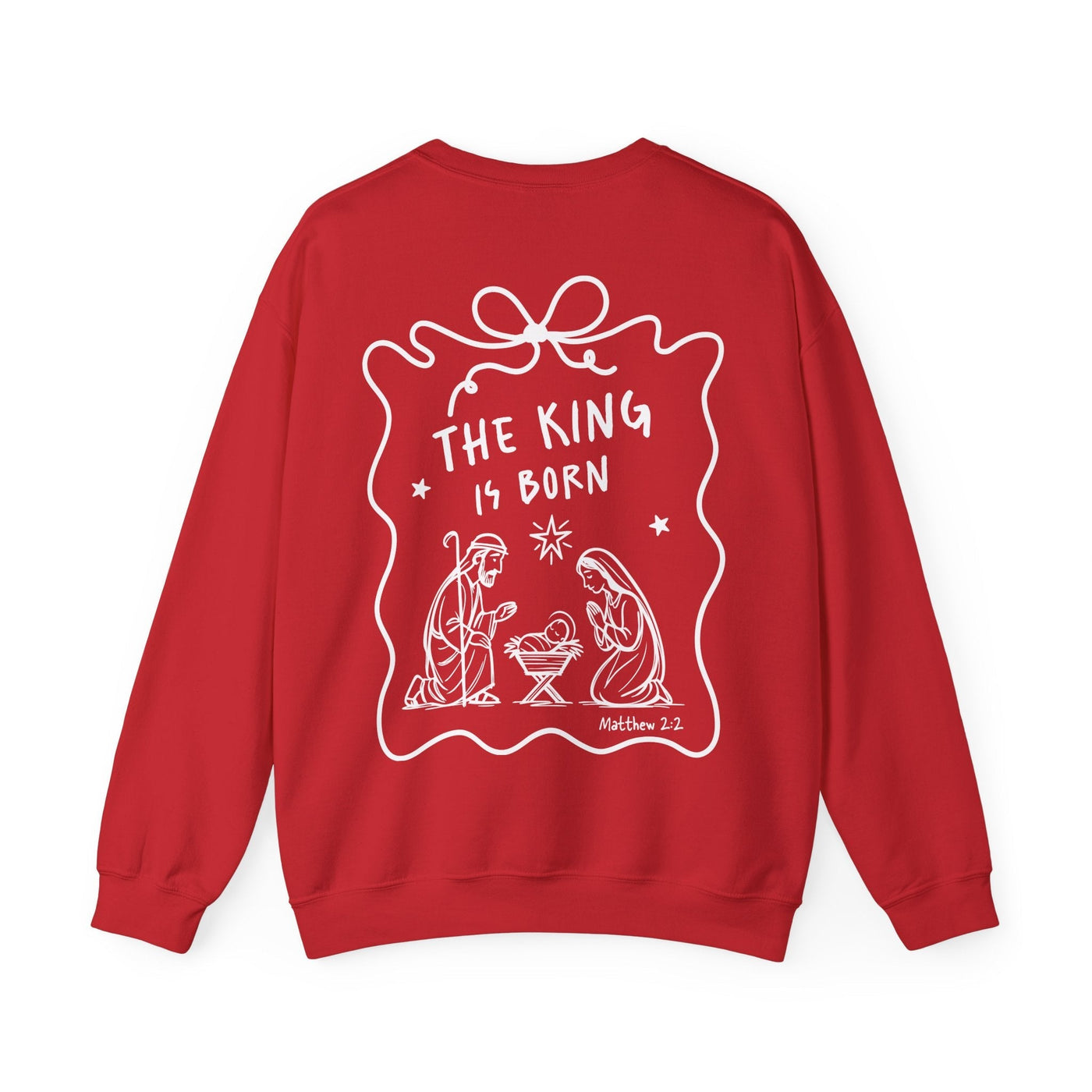 Red Coquette Bow Crewneck Sweatshirt with "The King is Born" nativity design on the back