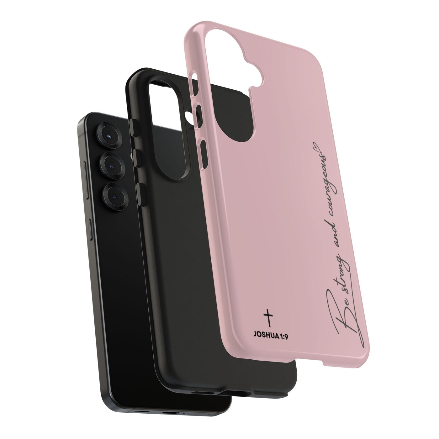 Inspirational tough phone case with Joshua 1:9 scripture, durable dual-layer protection, sleek pink design, and motivational "Be strong and courageous" message for iPhone and Samsung phones.