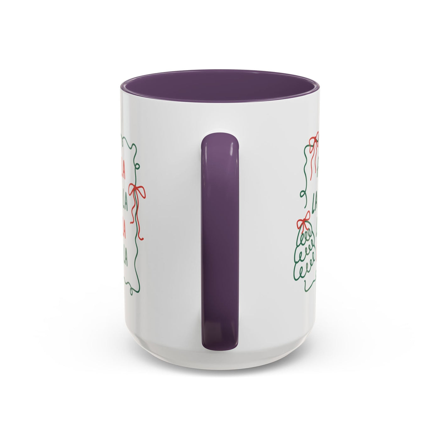 Fa La La Christmas Coffee Mug with purple handle and interior, minimalist holiday ceramic cup design