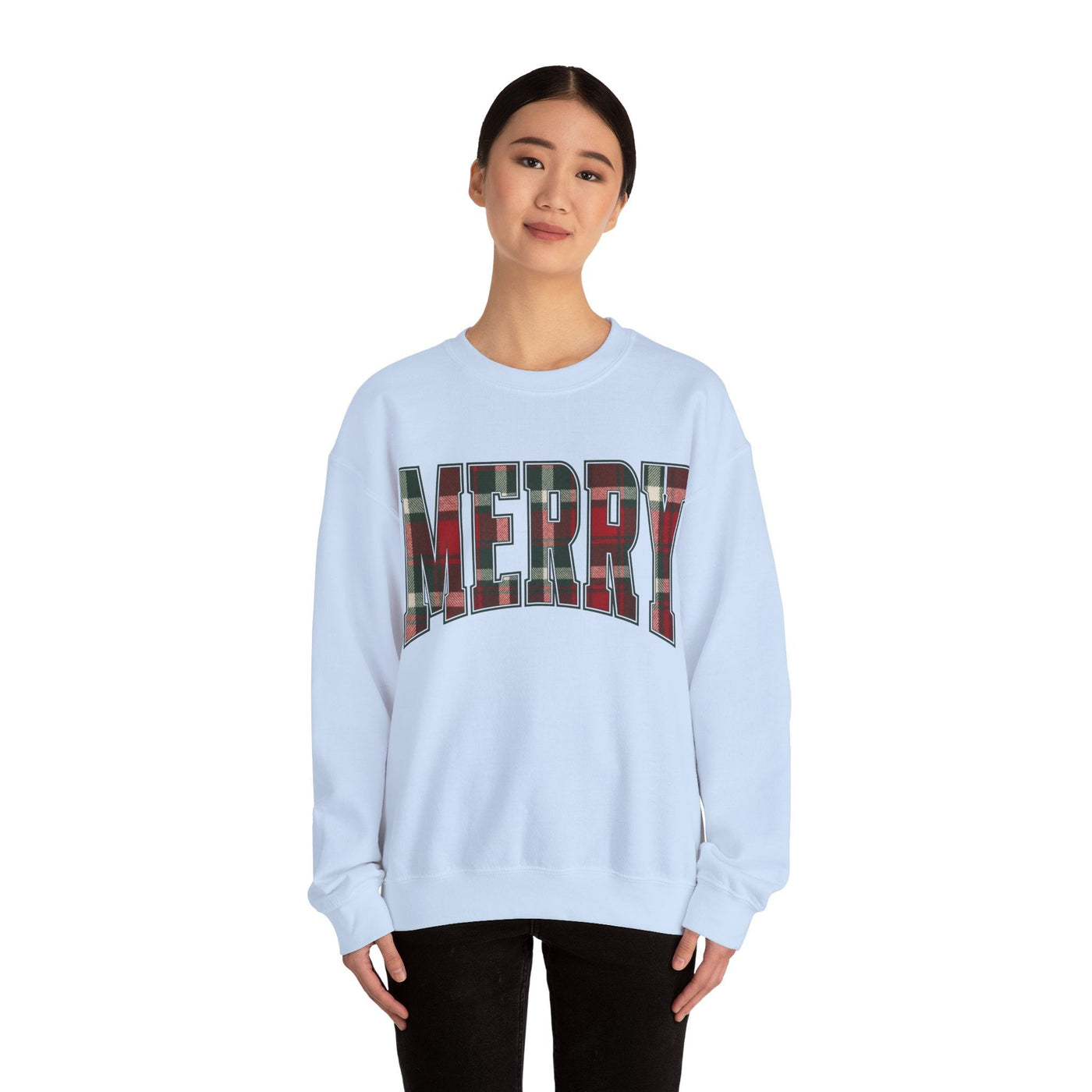 unisex white crewneck sweatshirt with red and green plaid "MERRY" Christmas graphic, cozy holiday sweater