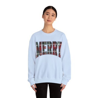 unisex white crewneck sweatshirt with red and green plaid "MERRY" Christmas graphic, cozy holiday sweater