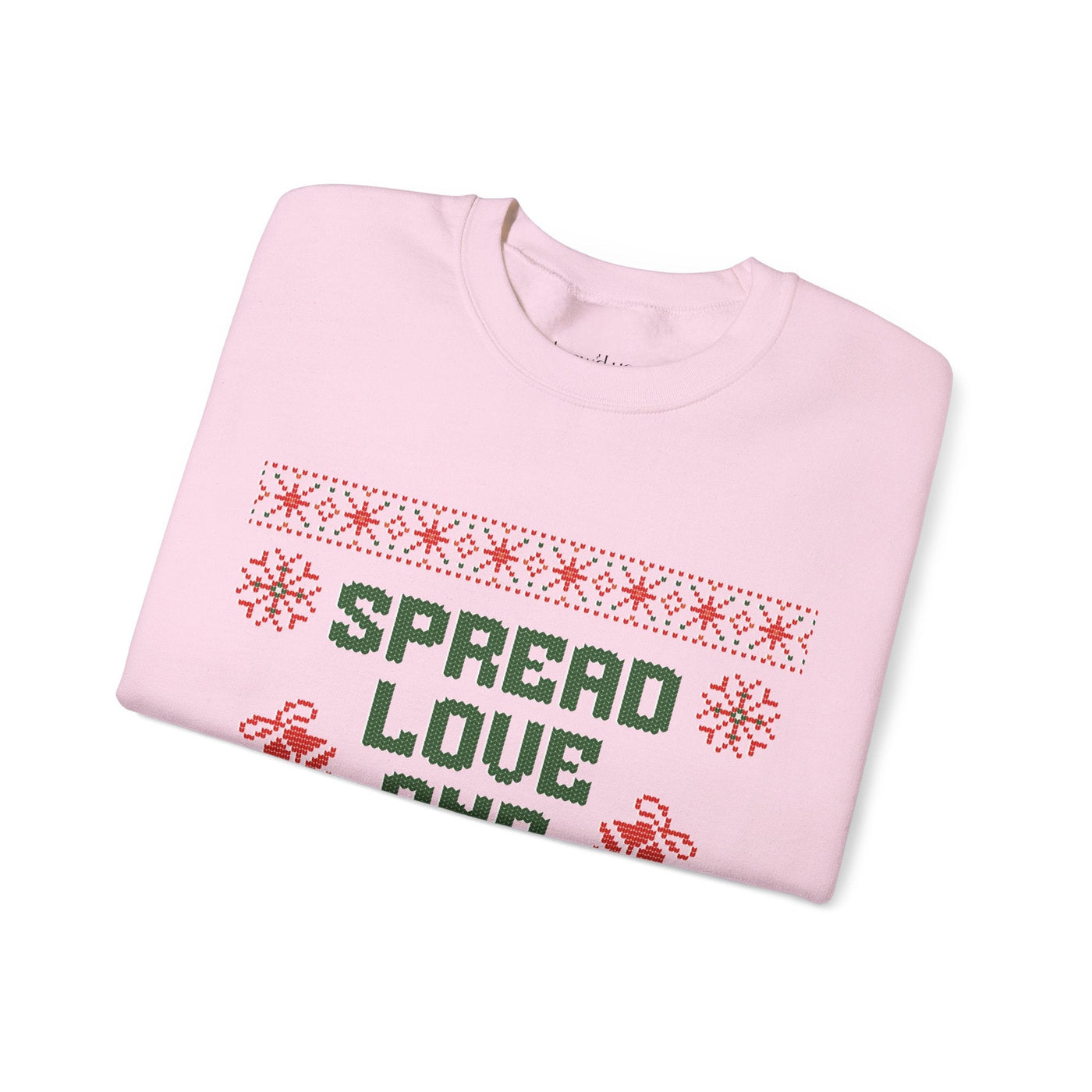 Cozy pink crewneck sweatshirt with "Spread Love and Christmas Cheer" holiday design