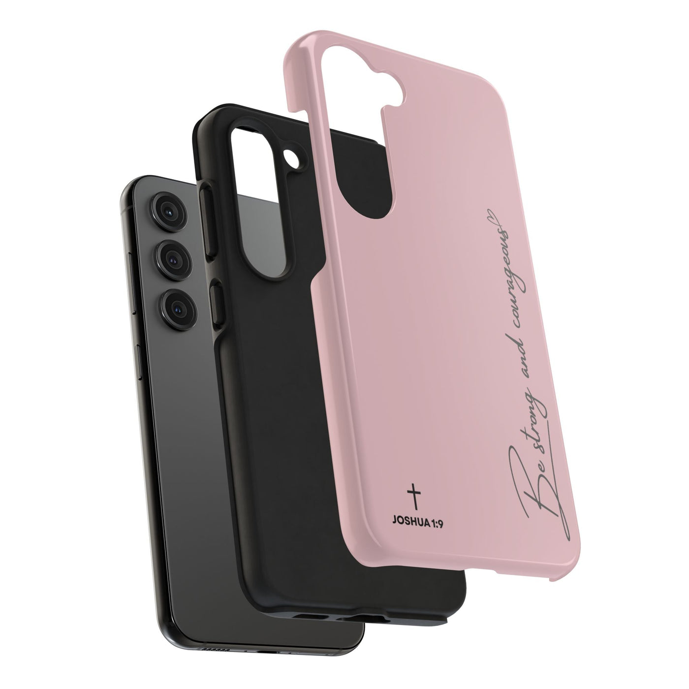 Inspirational tough phone cases with "Be strong and courageous" Joshua 1:9 scripture design, durable dual-layer protection for iPhone and Samsung, sleek minimalist style.