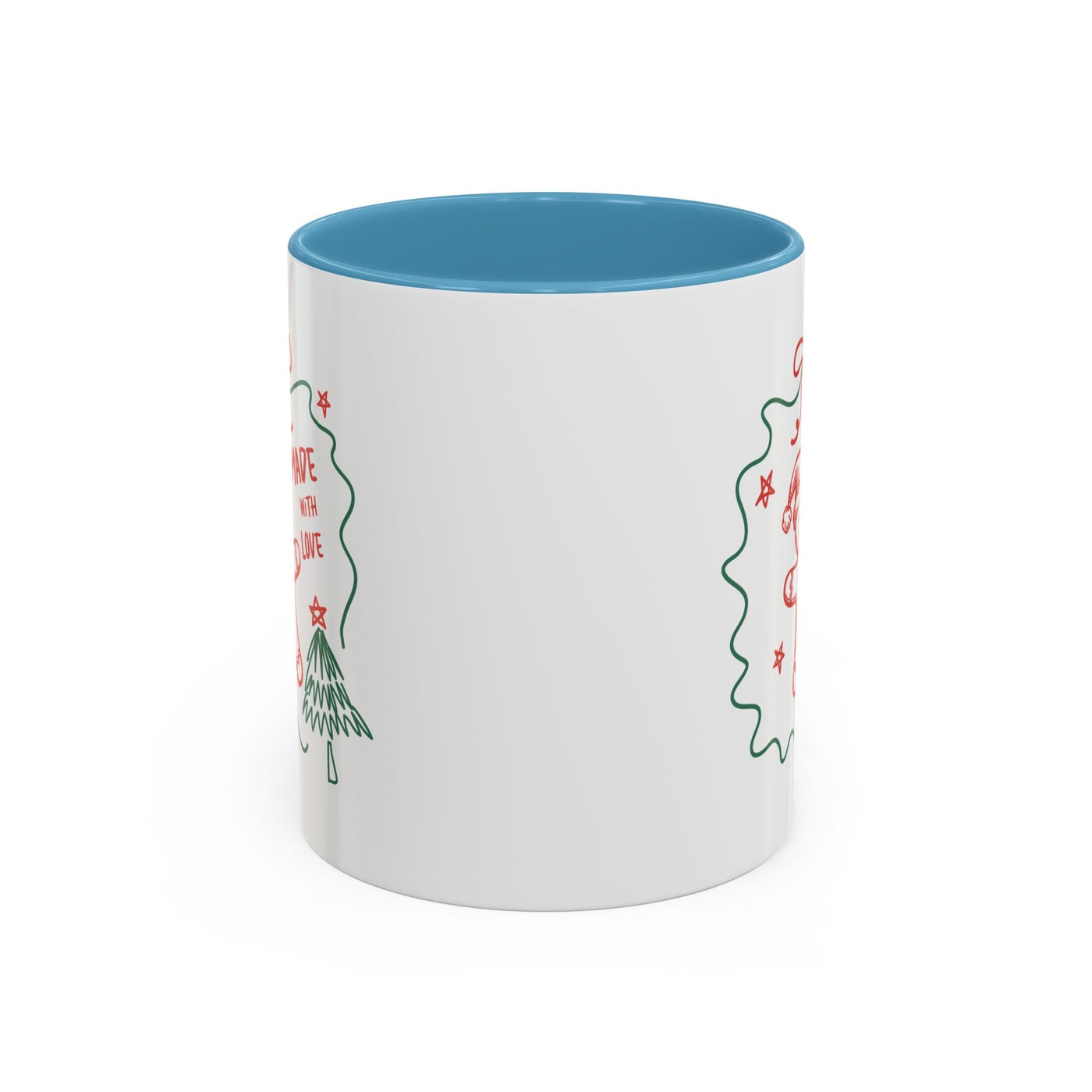 Minimalist festive Christmas coffee mug with blue interior, white ceramic, and holiday design, available in 11oz and 15oz sizes.
