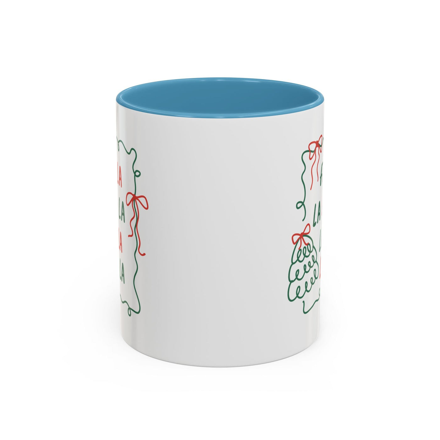 Fa La La Christmas Coffee Mug with minimalist holiday design, white ceramic with blue interior, microwave and dishwasher safe.