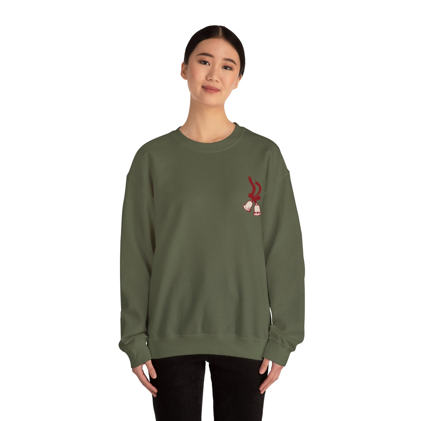 woman wearing vintage Merry Christmas crewneck sweatshirt with bell and Santa sleigh design