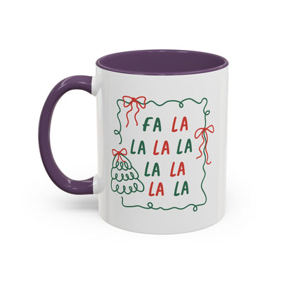 Fa La La Christmas Coffee Mug with minimalist holiday design in white ceramic, purple handle and interior, microwave and dishwasher safe.