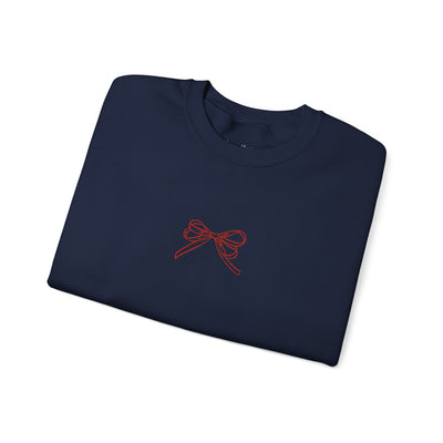 Navy Holiday Bow Crewneck Sweatshirt with red bow embroidery, festive and comfortable design for adults.
