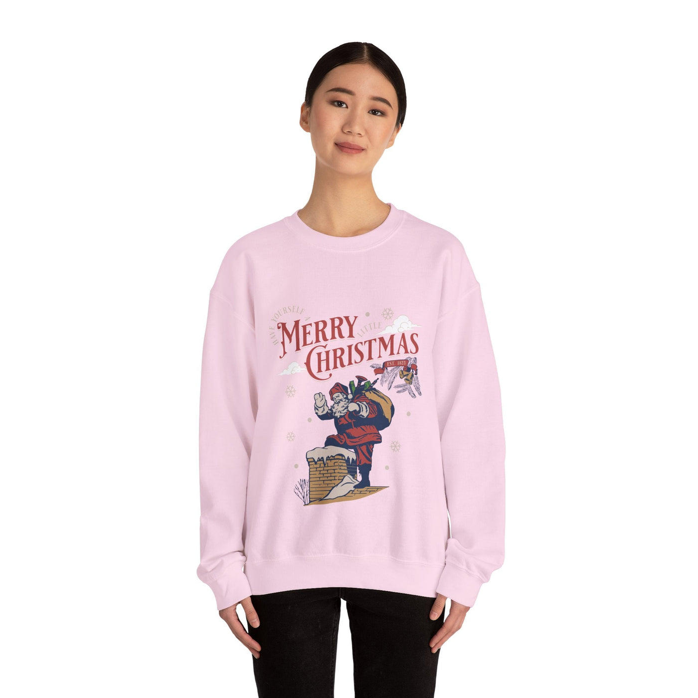 Vintage Santa Crewneck sweatshirt with Santa carrying gift bag climbing into chimney and Merry Christmas text