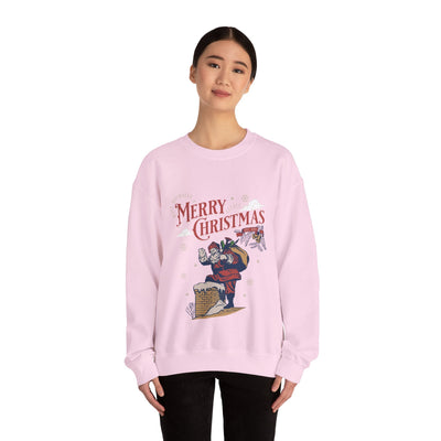 Vintage Santa Crewneck sweatshirt with Santa carrying gift bag climbing into chimney and Merry Christmas text