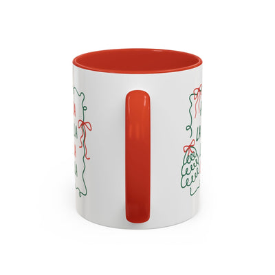 Fa La La Christmas Coffee Mug with red handle and interior, minimalist holiday ceramic cup design