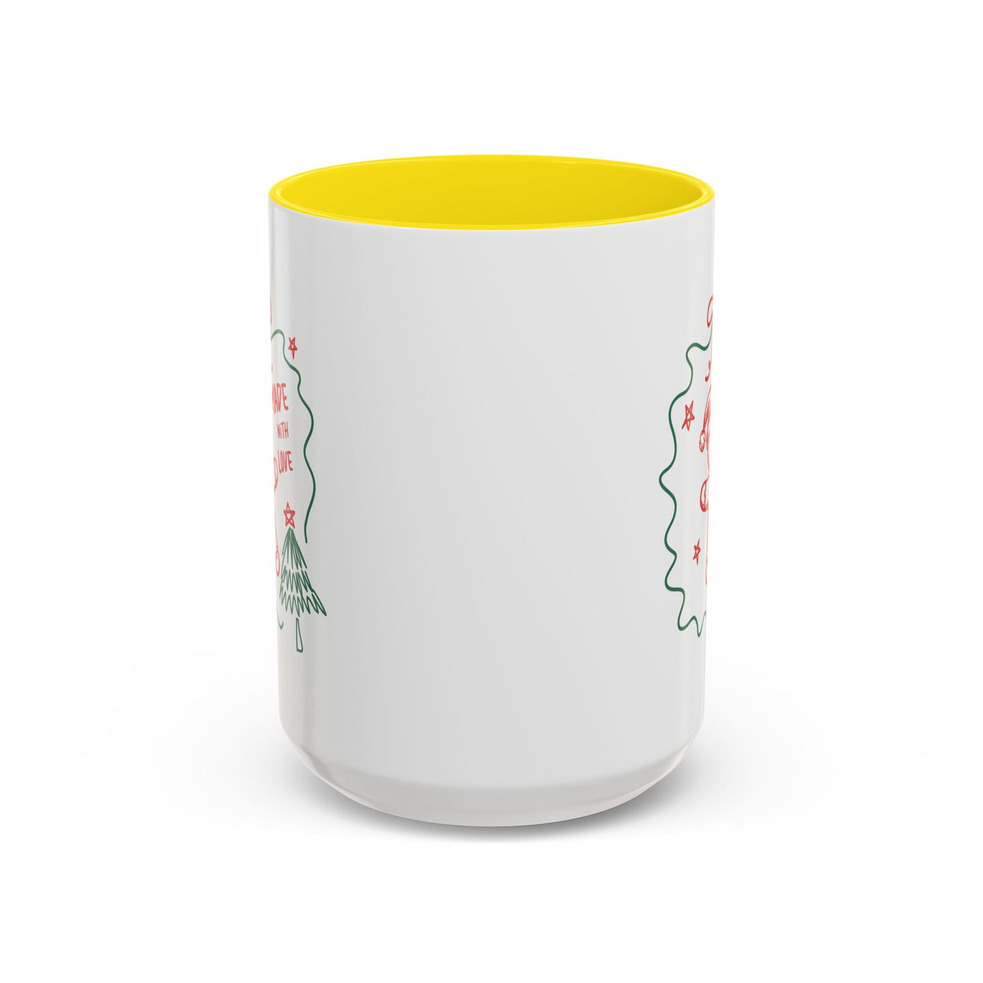 Minimalist festive Christmas coffee mug with yellow interior, white ceramic, available in 11oz and 15oz sizes.