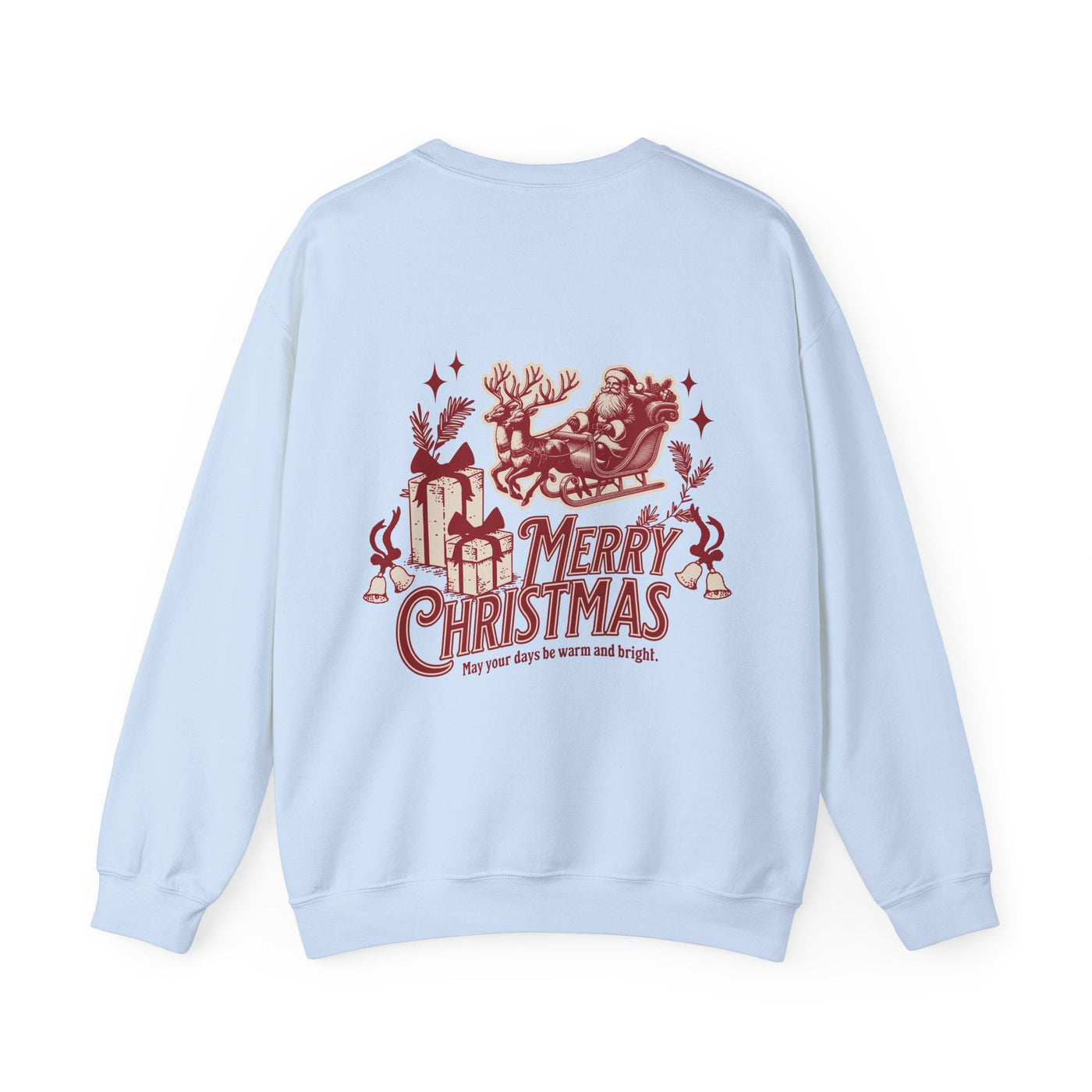 Vintage Merry Christmas crewneck sweatshirt with Santa sleigh and bells holiday design
