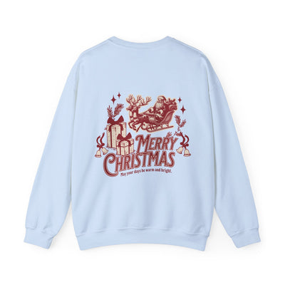 Vintage Merry Christmas crewneck sweatshirt with Santa sleigh and bells holiday design