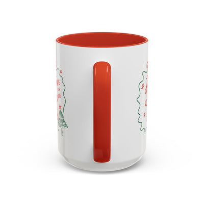 Minimalist festive Christmas coffee mug with red handle and interior, white ceramic holiday cup, 11oz and 15oz sizes available